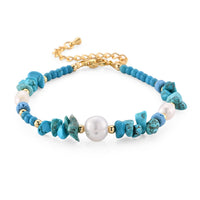 Turquoise 30.00 ctw and Freshwater Pearl Bracelet in Goldtone (6.50-8.50In)