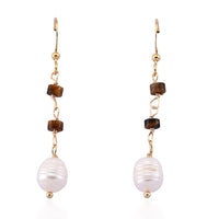 Freshwater Pearl and Tiger's Eye 0.10 ctw Earrings in Goldtone