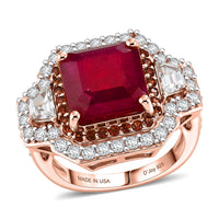 D'Joy Asscher Cut Premium Niassa Ruby (FF), White and Champagne Zircon Halo Ring in 18K Vermeil RG Over Sterling Silver (Size 10.0) 10.10 ctw