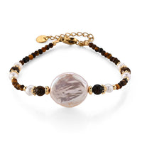 Tiger's Eye 20.00 ctw and Freshwater Pearl Bracelet in Goldtone (6.5-8.5In)