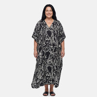 Winlar Black Floral and Wave Boho Print Kaftan - One Size Fits Most
