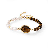 Freshwater Pearl, Yellow Tigers Eye 20.00 ctw Bracelet in Goldtone (6.5-7In)