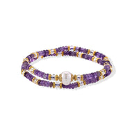 Freshwater Pearl, African Amethyst and Glass Bracelet in Goldtone (6.5-7In) 35.00 ctw
