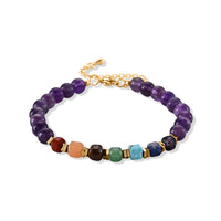 African Amethyst and Multi Gemstone Beaded Bracelet in Goldtone (7.50-9.50In) 40.00 ctw