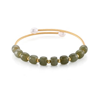 Nephrite and Freshwater Cultured Pearl 20.00 ctw Cuff Beaded Bracelet in Goldtone (Adjustable)