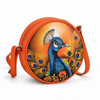 La Marey Tan Peacock Print Genuine Leather Handbag (8.25"x8.25"x2.5")