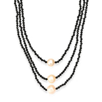 EverTrue Thai Black Spinel Beaded 70.00 ctw and Freshwater Pearl 3 Layered Necklace (20 Inches) in Stainless Steel
