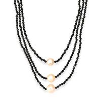 EverTrue Thai Black Spinel Beaded 70.00 ctw and Freshwater Pearl 3 Layered Necklace (20 Inches) in Stainless Steel