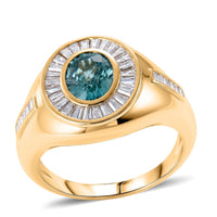 D'Joy Cambodian Blue Zircon, Moissanite Men's Ring in 18K Vermeil YG Over Sterling Silver (Size 10.0) 4.10 ctw