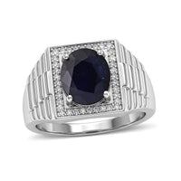 D'Joy Premium Kanchanaburi Blue Sapphire (DF), Moissanite Men's Ring in Rhodium Over Sterling Silver (Size 10.0) 4.60 ctw