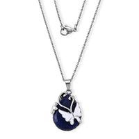 Lapis Lazuli 28.50 ctw Butterfly Pendant Necklace (20 Inches) in Stainless Steel