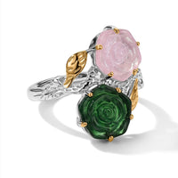 GP Pink and Green Murano Style Floral Ring in 18K Vermeil YG and Rhodium Over Sterling Silver (Size 10.0)