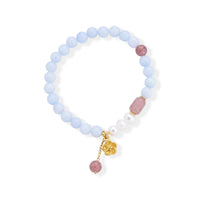 Aquamarine 40.00 ctw Beaded Stretch Bracelet with Floral Charm in Goldtone (6-6.5In)