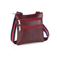 La Marey Burgundy Genuine Leather Crossbody Bag with Triple Zipper Front Pocket