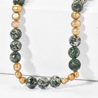 EverTrue Green Jasper and Yellow Pearl (D) 215.00 ctw Beaded Necklace in Stainless Steel 18 Inches
