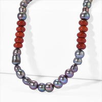 EverTrue Peacock Pearl (D) and Red Jasper 45.00 ctw Beaded Necklace in Stainless Steel 18 Inches
