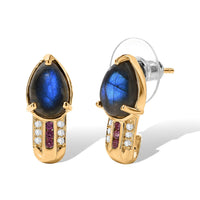 Blue Flash Labradorite Hoop Earrings, AAA Grade with Multi-Gemstone Accents, 18K Yellow Gold Plated – 4.90 ctw