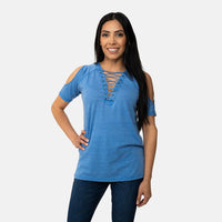 Exist Blue Lace Front Cold Shoulder Top-S 