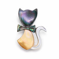 Mother of Pearl, Abalone Shell Cat Brooch in Silvertone