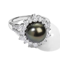 D'Joy Tahitian Pearl 10.5mm, Moissanite Sunburst Ring in Rhodium Over Sterling Silver (Size 10.0) 1.60 ctw
