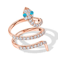 Simulated Blue and White Diamond Snake Ring in 14K Rose Gold Over Sterling Silver (Size 8.5)