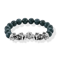 Natural Olmec Jadeite Beaded Stretch Bracelet with Pixiu in Silvertone (6.5-7In) 180.00 ctw
