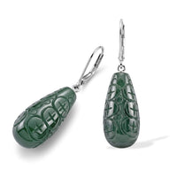 D'Joy Natural Olmec Jadeite Carved Drop Earrings in Rhodium Over Sterling Silver 25.00 ctw