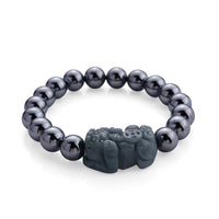 Natural Olmec Jadeite Carved Pixiu with Terahertz Beaded Stretch Bracelet (6.5-7in) 150.00 ctw