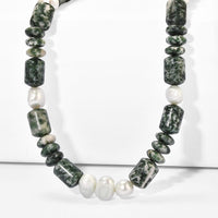 EverTrue Green Spot Agate and Light Green Fresh Water Pearl 220.00 ctw Beaded Necklace in Platinum Bond 18-19 Inches