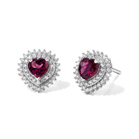 D'Joy Premium Orissa Rhodolite Garnet, White Zircon Royal Heart Earrings in Rhodium Over Sterling Silver 1.60 ctw