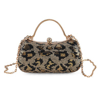 La Marey Beige Leopard Pattern Sequin Embroidered Wallet with Shoulder Strap
