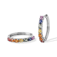 D'Joy Premium Rainbow Sapphire Hoop Earrings in Rhodium Over Sterling Silver 3.20 ctw
