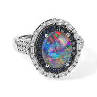 D'Joy Premium Australian Black Ridge Opal Triplet, Multi Gemstone Deep Sea Mystique Ring in Rhodium Over Sterling Silver (Size 10.0) 3.70 ctw