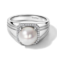 EverTrue Freshwater Pearl and White Zircon 0.30 ctw Men''s Ring in Platinum Bond (Size 10.0)