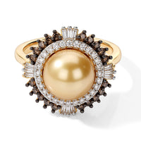 D'Joy Premium Golden South Sea Cultured Pearl (9-11mm), Champagne and White Diamond Ring in 18K Vermeil YG Over Sterling Silver (Size 6.0) 0.50 ctw