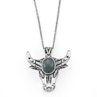 Green Aventurine 15.00 ctw Bull Head Pendant in Silvertone with Stainless Steel Necklace (20 Inches)