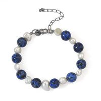 EverTrue Fresh Water Pearl and Blue Jasper 55.00 ctw Beaded Bracelet in Stainless Steel (7.25 In)