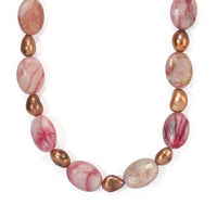 EverTrue Brown Pearl (D) and Crazy Lace Jasper 160.00 ctw Necklace (18 Inches) in Platinum Bond