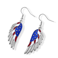 Enameled USA Flag Pattern Feather Earrings in Silvertone