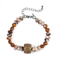 EverTrue Bronze Pearl (D), Peanut Wood and Pink Web Jasper 80.00 ctw Bracelet in Stainless Steel (7.25 In)