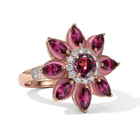 D'Joy Premium Orissa Rhodolite Garnet, Moissanite Berry Bloom Halo Ring in 18K Vermeil RG Over Sterling Silver (Size 10.0) 3.75 ctw