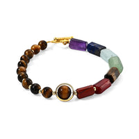 Yellow Tigers Eye and Multi Gemstone 45.00 ctw Beaded Bracelet (Adjustable) in Goldtone
