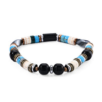 Hematite, Glass and Turquoise 22.00 ctw Beaded Stretch Bracelet (6.5-7In) in Goldtone