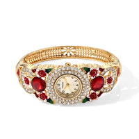 Strada Red Glass, Red Austrian Crystal Multi Color Enameled Floral Bangle Watch in Goldtone
