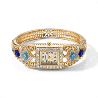 Strada Blue and White Austrian Crystal, Blue Floral Bangle Watch in Goldtone