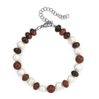 EverTrue Mahagooni Jasper 40.00 ctw and Freshwater Pearl Bracelet in Stainless Steel (7.25-9.25In)