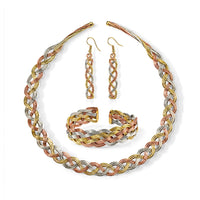 Handcrafted Multi-Color Woven Hasli Necklace (16 Inches),Cuff Bracelet (7.50In) & Earrings in Silvertone and Goldtone
