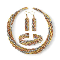 Handcrafted Chunky Braided Wire Collar Necklace (16 Inches), Cuff Bracelet (7.50In) & Earrings in Tri-tone
