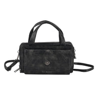 La Marey Black Faux Leather Oilskin Double Zipper Phone Wallet with Shoulder Strap