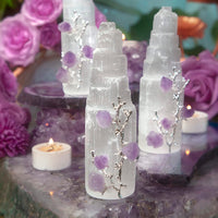 Amethyst Flower Leaning on Selenite Tower